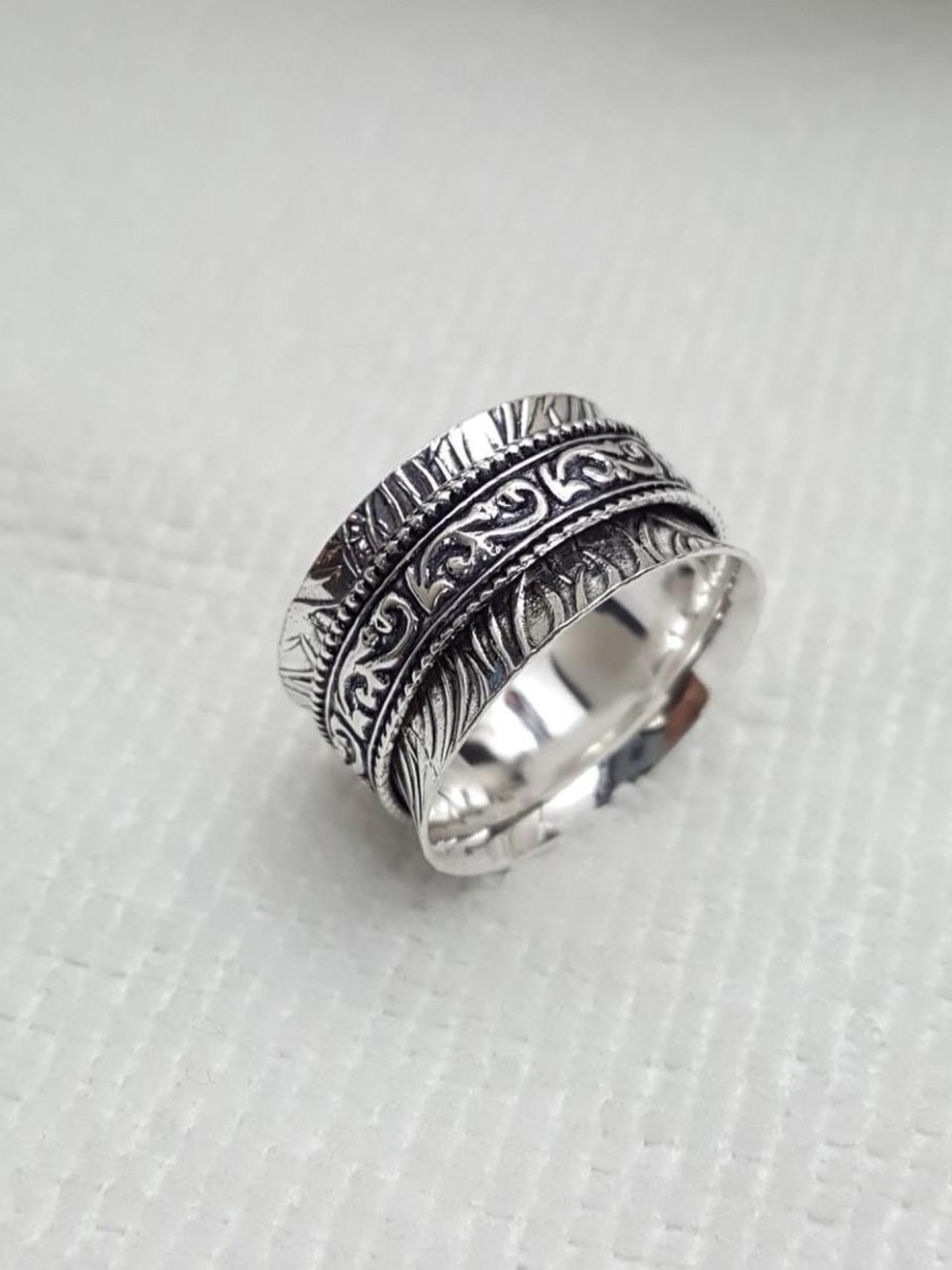 Silver Ornate Spinner Band Ring Boho Design